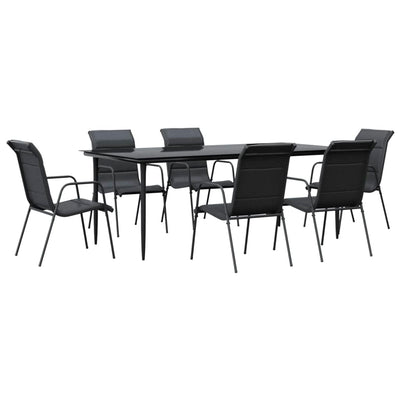 7 Piece Garden Dining Set Black Steel and Textilene