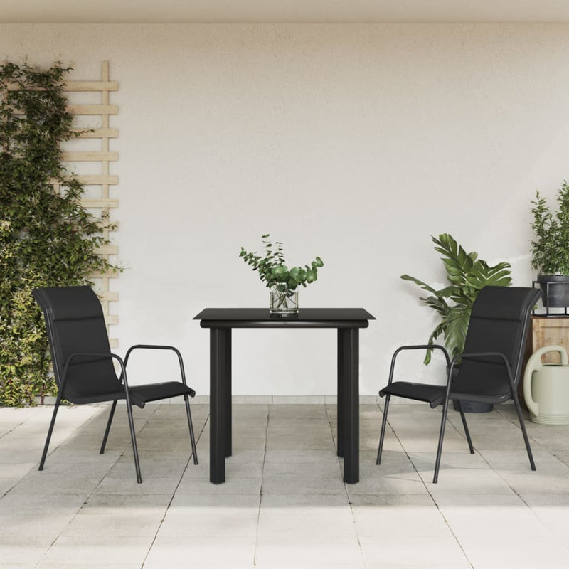 3 Piece Garden Dining Set Black Steel and Textilene