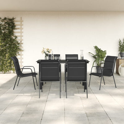 7 Piece Garden Dining Set Black Steel and Textilene