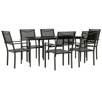 7 Piece Garden Dining Set Black Steel and Textilene