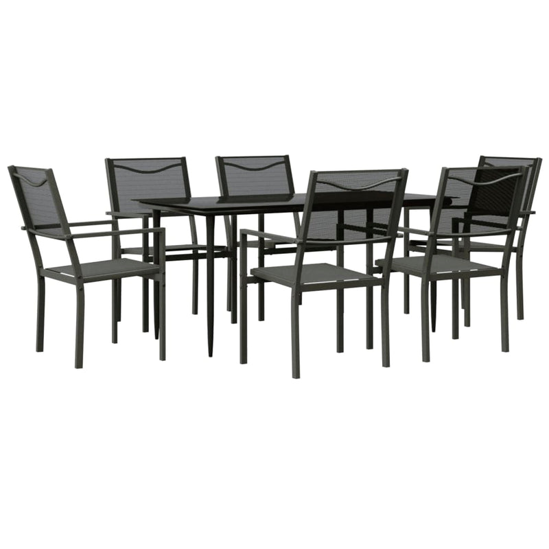 7 Piece Garden Dining Set Black Steel and Textilene