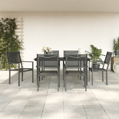 7 Piece Garden Dining Set Black Steel and Textilene