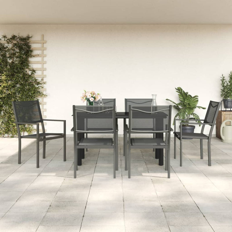 7 Piece Garden Dining Set Black Steel and Textilene