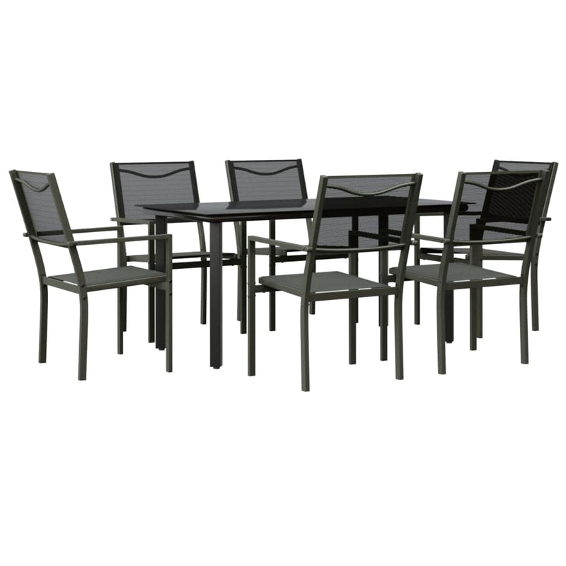 7 Piece Garden Dining Set Black Steel and Textilene