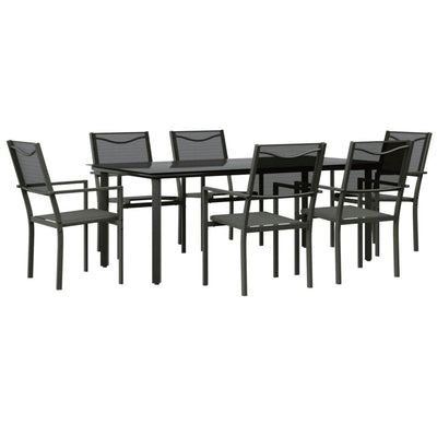 7 Piece Garden Dining Set Black Steel and Textilene