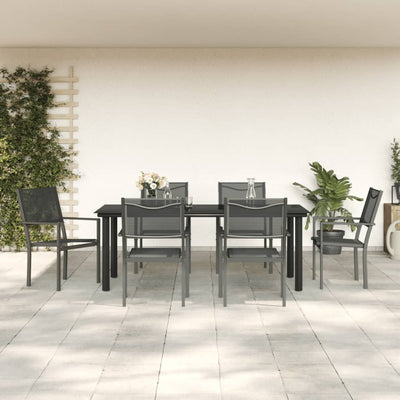 7 Piece Garden Dining Set Black Steel and Textilene