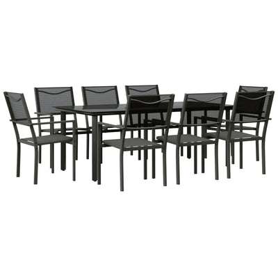 9 Piece Garden Dining Set Black Steel and Textilene