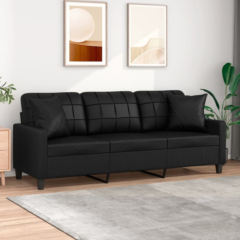 3-Seater Sofa with Throw Pillows Black 180 cm Faux Leather