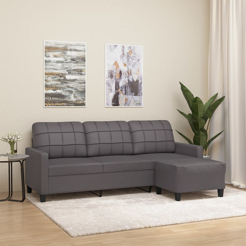 3-Seater Sofa with Footstool Grey 180 cm Faux Leather