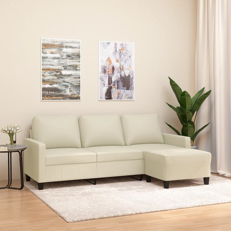 3-Seater Sofa with Footstool Cream 180 cm Faux Leather