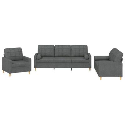 3 Piece Sofa Set with Pillows Dark Grey Fabric