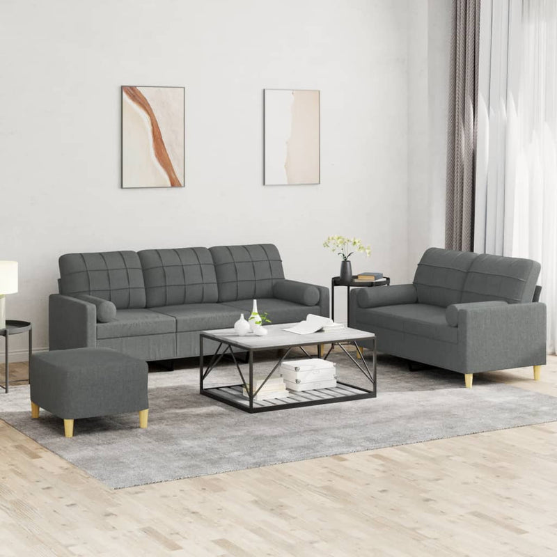 3 Piece Sofa Set with Pillows Dark Grey Fabric