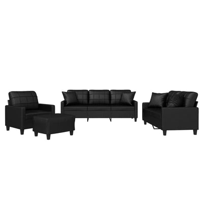 4 Piece Sofa Set with Pillows Black Faux Leather