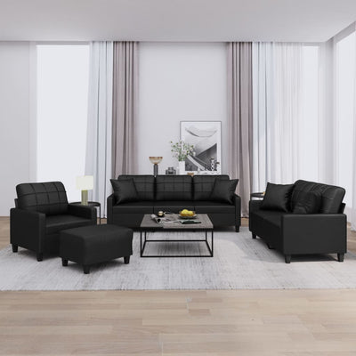 4 Piece Sofa Set with Pillows Black Faux Leather