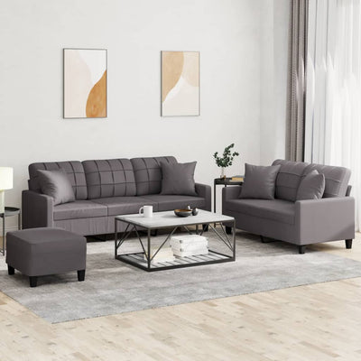 3 Piece Sofa Set with Pillows Grey Faux Leather