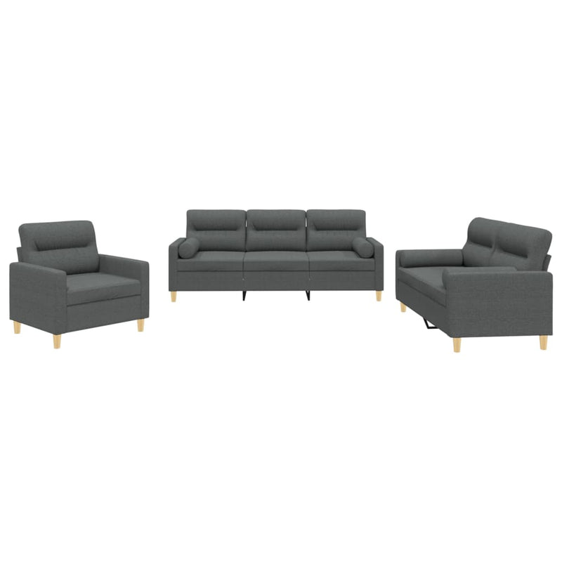 3 Piece Sofa Set with Pillows Dark Grey Fabric