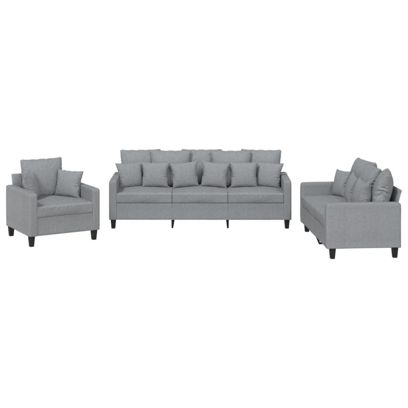 3 Piece Sofa Set with Pillows Light Grey Fabric