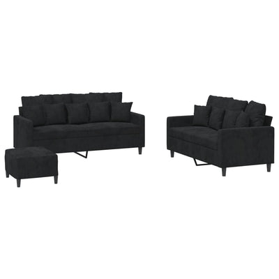 3 Piece Sofa Set with Cushions Black Velvet