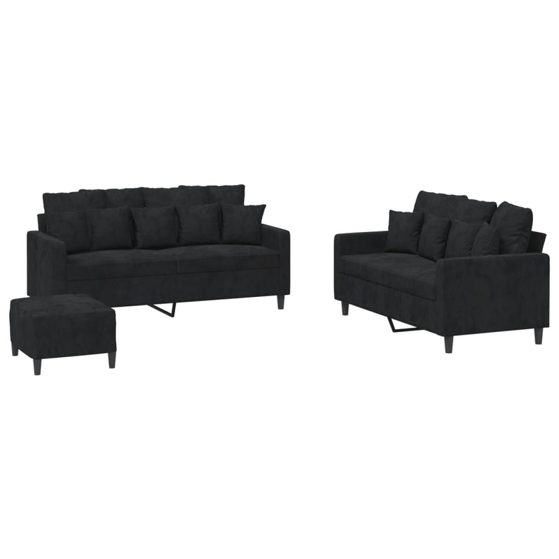 3 Piece Sofa Set with Cushions Black Velvet