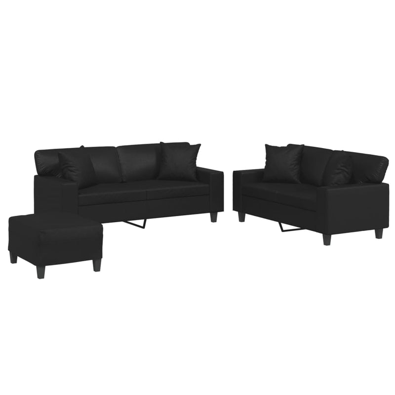 3 Piece Sofa Set with Pillows Black Faux Leather