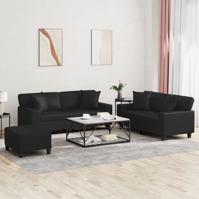 3 Piece Sofa Set with Pillows Black Faux Leather