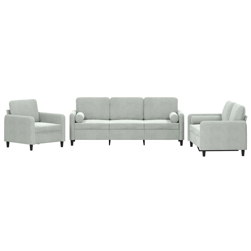 3 Piece Sofa Set with Pillows Light Grey Velvet