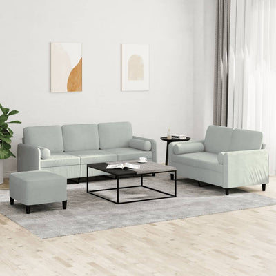 3 Piece Sofa Set with Pillows Light Grey Velvet