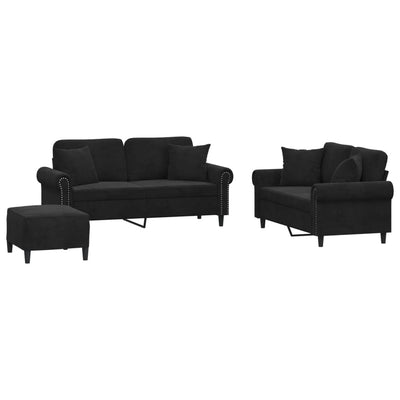 3 Piece Sofa Set with Pillows Black Velvet