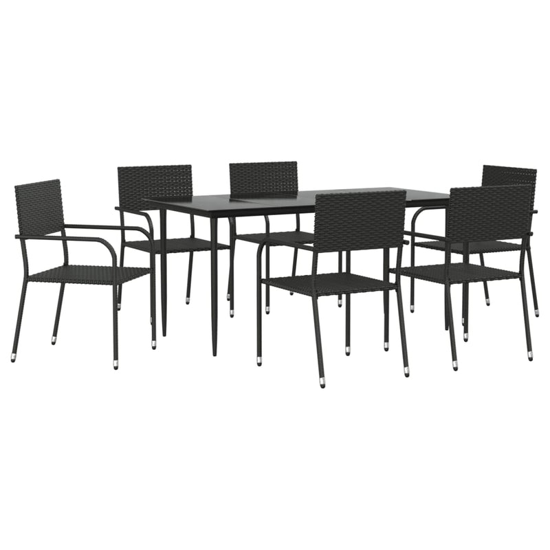 7 Piece Garden Dining Set Black Poly Rattan and Steel