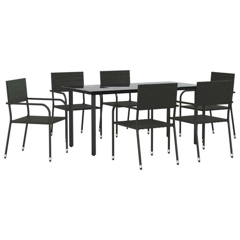 7 Piece Garden Dining Set Black Poly Rattan and Steel