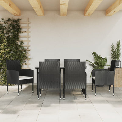 7 Piece Garden Dining Set Black Poly Rattan and Steel