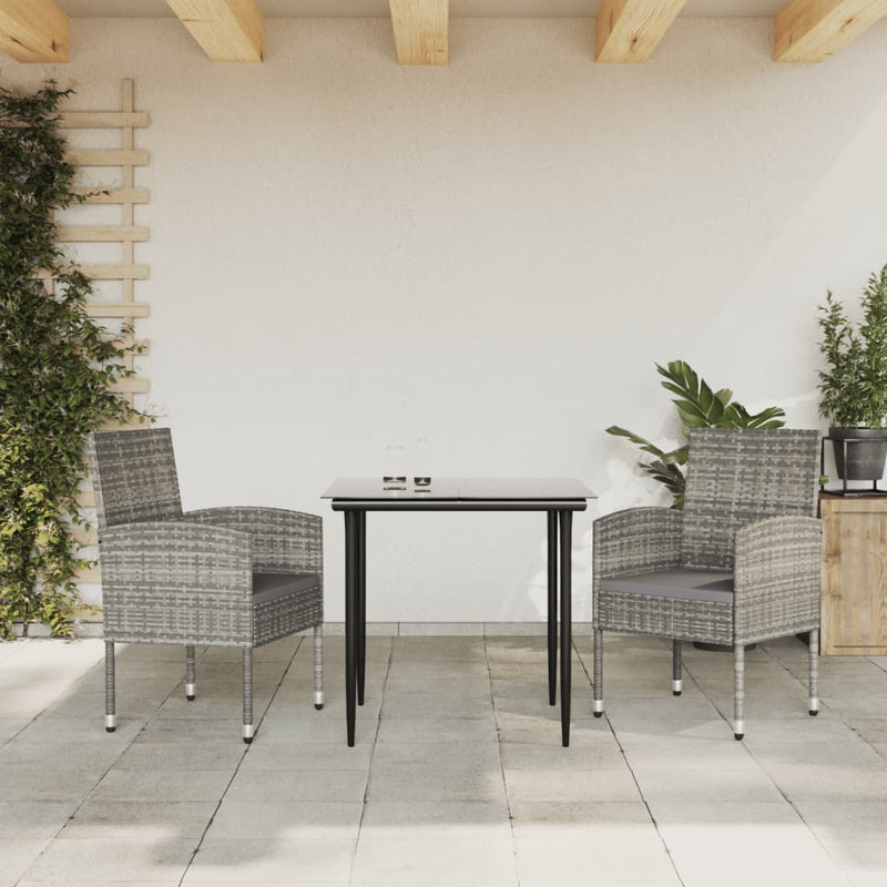 3 Piece Garden Dining Set Grey and Black Poly Rattan and Steel