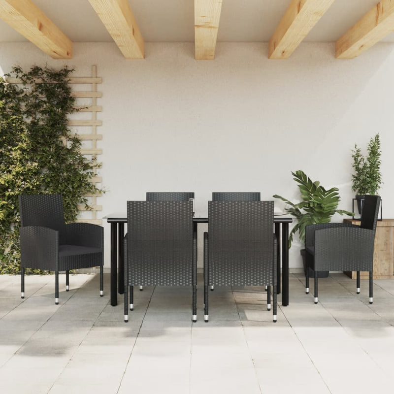 7 Piece Garden Dining Set Black Poly Rattan and Steel