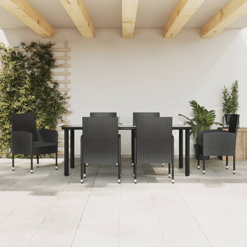 7 Piece Garden Dining Set Black Poly Rattan and Steel