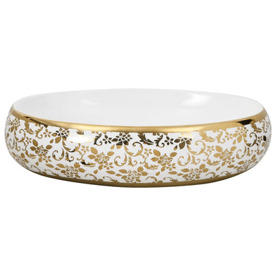 Countertop Basin White and Gold Oval 59x40x15 cm Ceramic