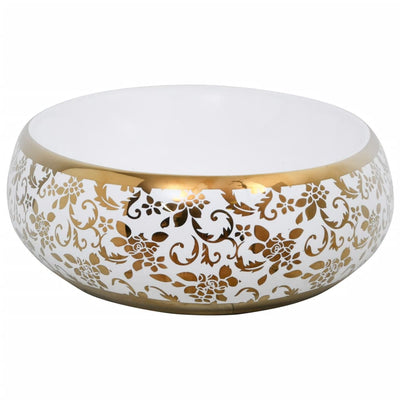 Countertop Basin White and Gold Oval 59x40x15 cm Ceramic