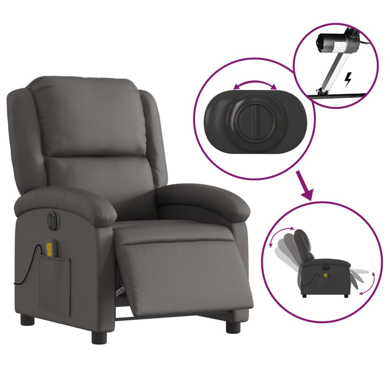 Electric Massage Recliner Chair Grey Real Leather