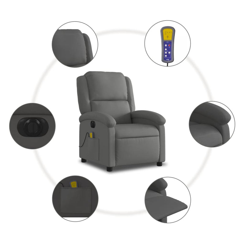 Electric Massage Recliner Chair Grey Real Leather