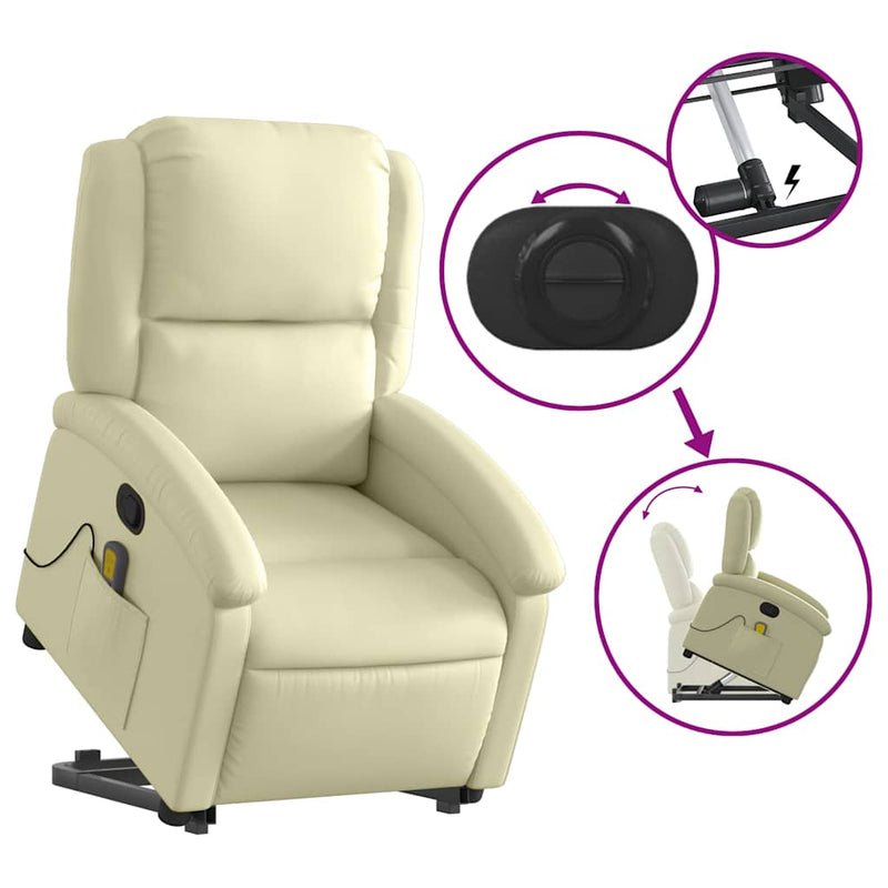 Stand up Massage Recliner Chair Cream Real Leather