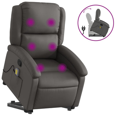 Stand up Massage Recliner Chair Grey Real Leather