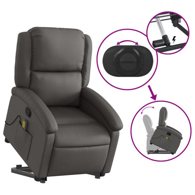 Stand up Massage Recliner Chair Grey Real Leather