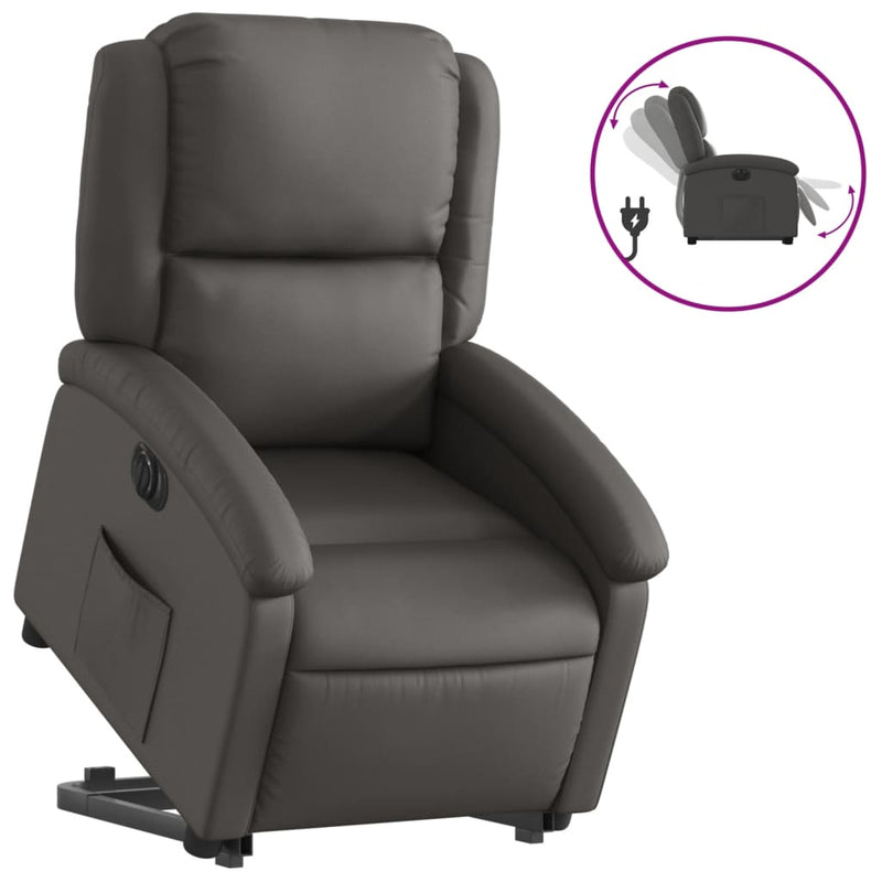 Electric Stand up Recliner Chair Grey Real Leather