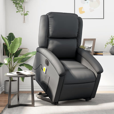 Electric Stand up Massage Recliner Chair Black Real Leather