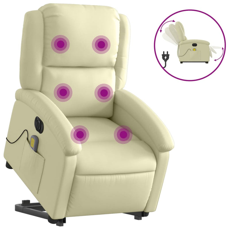 Electric Stand up Massage Recliner Chair Cream Real Leather