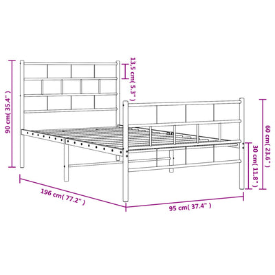 Metal Bed Frame without Mattress with Footboard White 90x190 cm