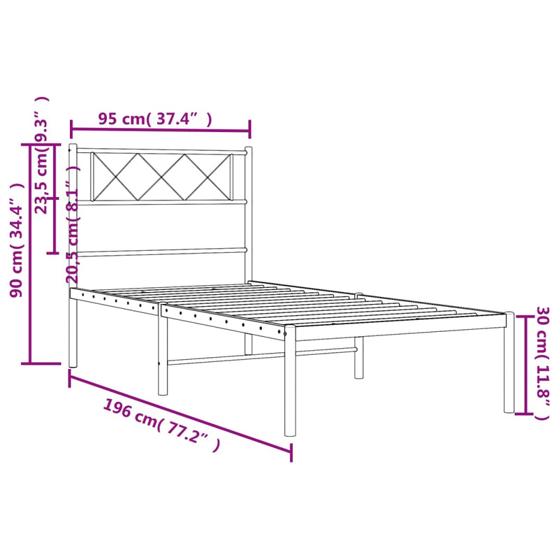 Metal Bed Frame without Mattress with Headboard Black 90x190 cm