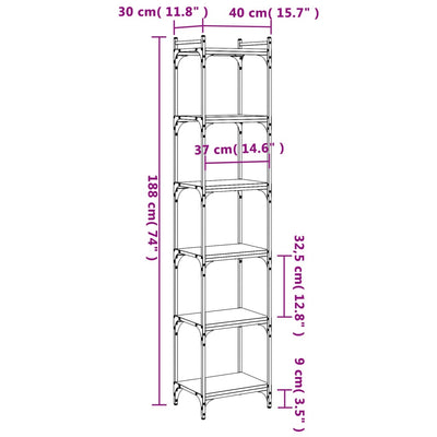 Bookcase 6-Tier Black 40x30x188 cm Engineered Wood