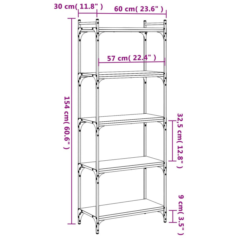 Bookcase 5-Tier Black 60x30x154 cm Engineered Wood