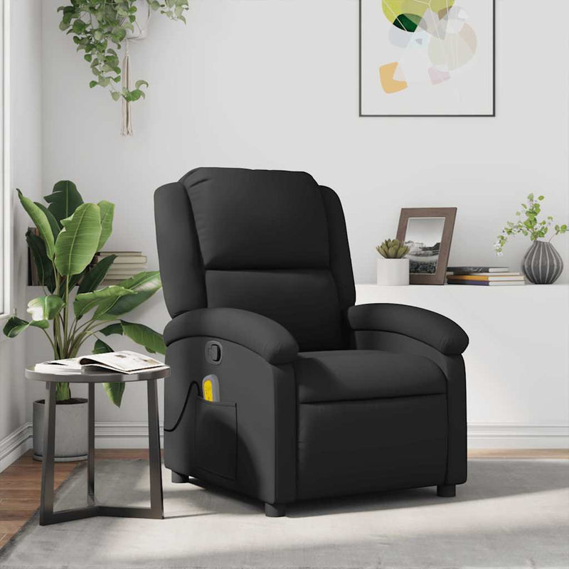 Massage Recliner Chair Black Real Leather