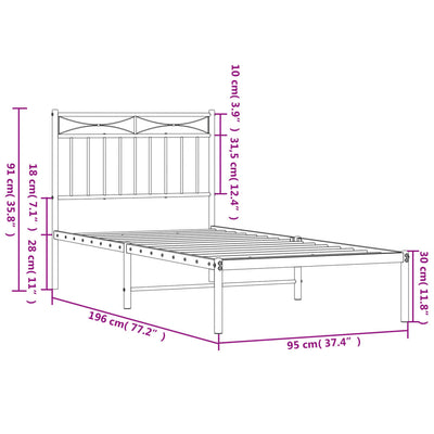 Metal Bed Frame with Headboard Black 92x187 cm Single Size